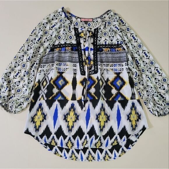 Olive Hill Women's Peasant Ikat Border Print Blouse - Picture 1 of 10